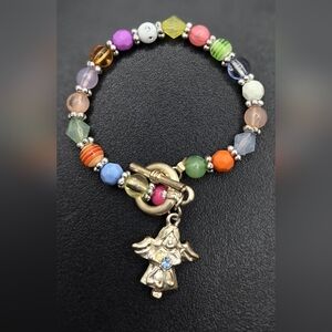 🪀 Silver Tone Bracelet w/Colorful Beads Angel Charm w/March Birthstone Size 5.5